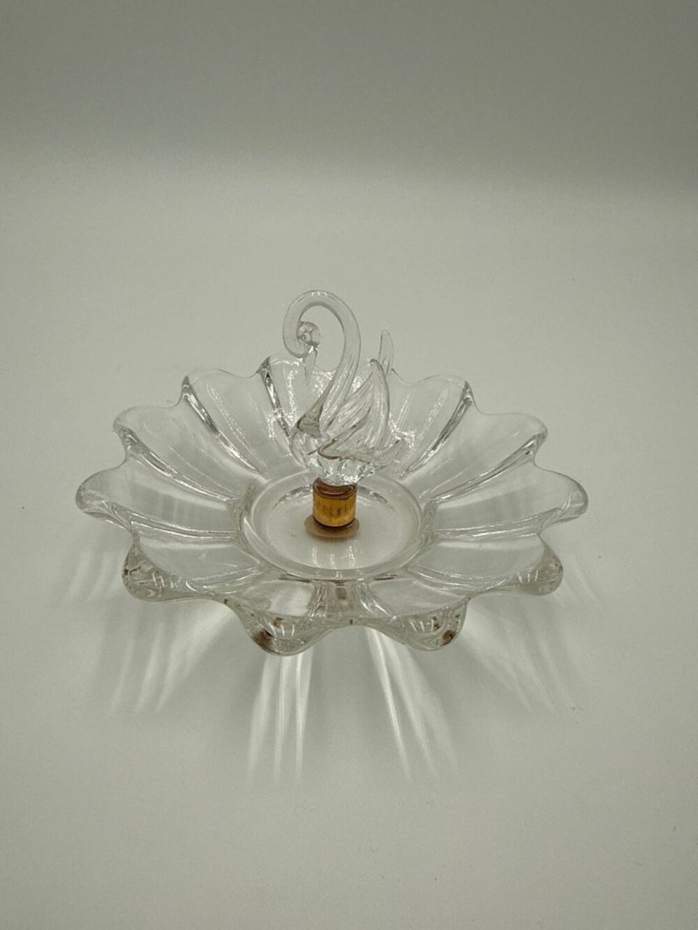 Vintage Clear Glass Swan Trinket Dish Fluted Edges 1964 Worlds Fair NY Hand-Blow